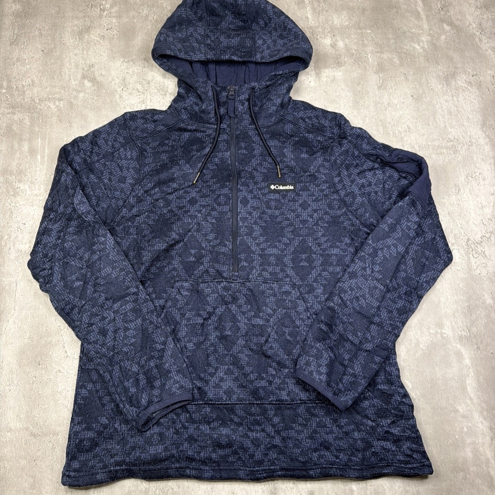 Columbia Sweater Weather Womens Large Blue Geometric Hooded Fleece Pullover